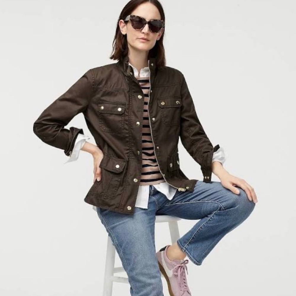 J Crew Army green coated military jacket